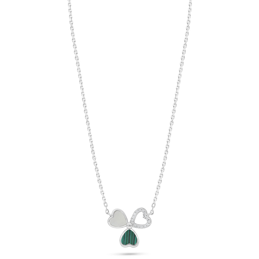 Sterling Silver 925 Necklace Rhodium Plated Embedded With  White Shell And Malachite And White Zircon