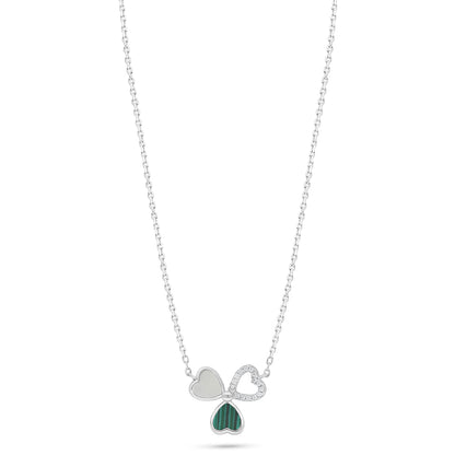 Sterling Silver 925 Necklace Rhodium Plated Embedded With  White Shell And Malachite And White Zircon