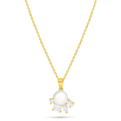 Sterling Silver 925 Necklace Golden Plated Embedded With Natural White Pearl And Diamond Zircon And White Zircon