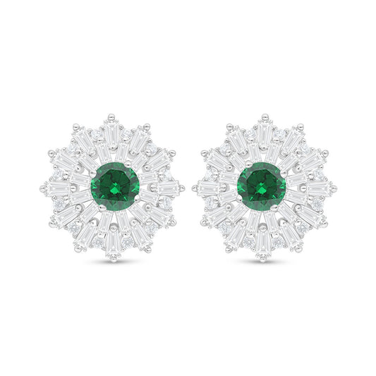 Sterling Silver 925 Earring Rhodium Plated Embedded With Emerald Zircon And White Zircon