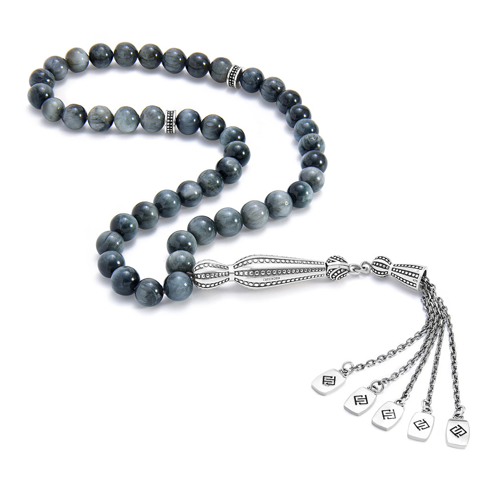 Rosary 45 Embedded With Eagle Eye Bead 7-8 mm Sterling Silver 925 Oxidized Set LOGO