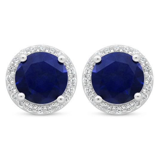 Sterling Silver 925 Earring Rhodium Plated Embedded With Sapphire Corundum And White Zircon