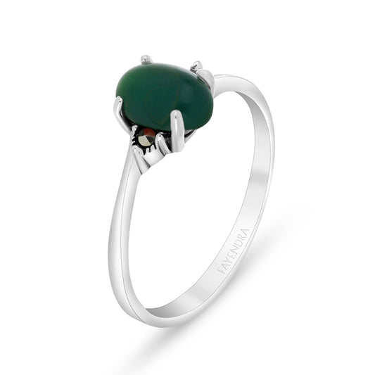 Sterling Silver 925 Ring Embedded With Natural Green Agate And Marcasite Stones