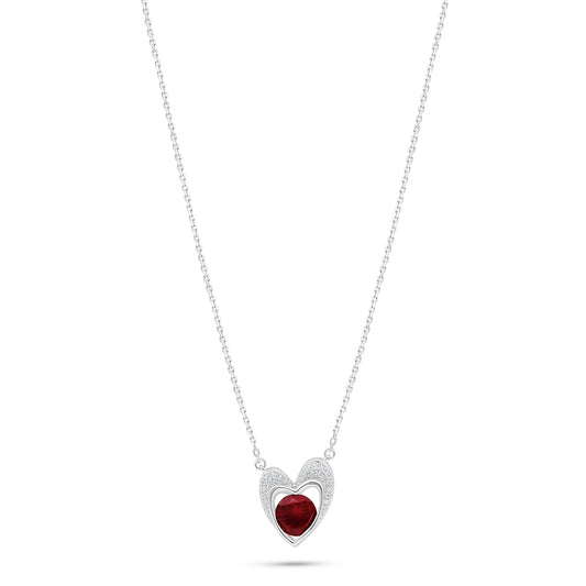 Sterling Silver 925 Necklace Rhodium Plated Embedded With Ruby Corundum And White Zircon