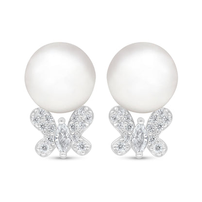 Sterling Silver 925 Earring Rhodium Plated Embedded With Natural White Pearl And Diamond Zircon And White Zircon