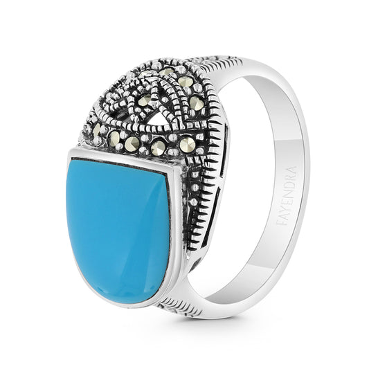 Sterling Silver 925 Ring Embedded With Natural Processed Turquoise And Marcasite Stones
