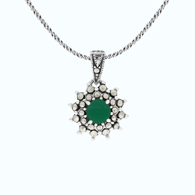 Sterling Silver 925 Pendant Embedded With Natural Green Agate And Marcasite Stones