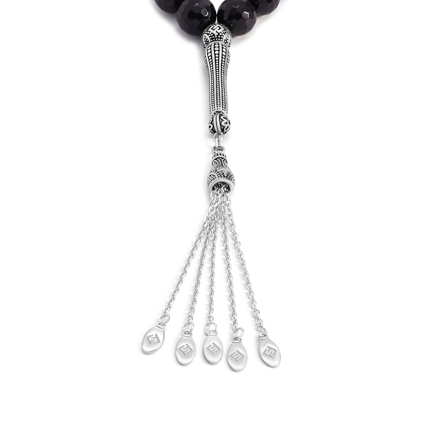 سبحة 33 احجار عقيق اسود بيلية 12 مم Faceted طقم ستانلس ستيل عيار 316L مطلى فضي واسود