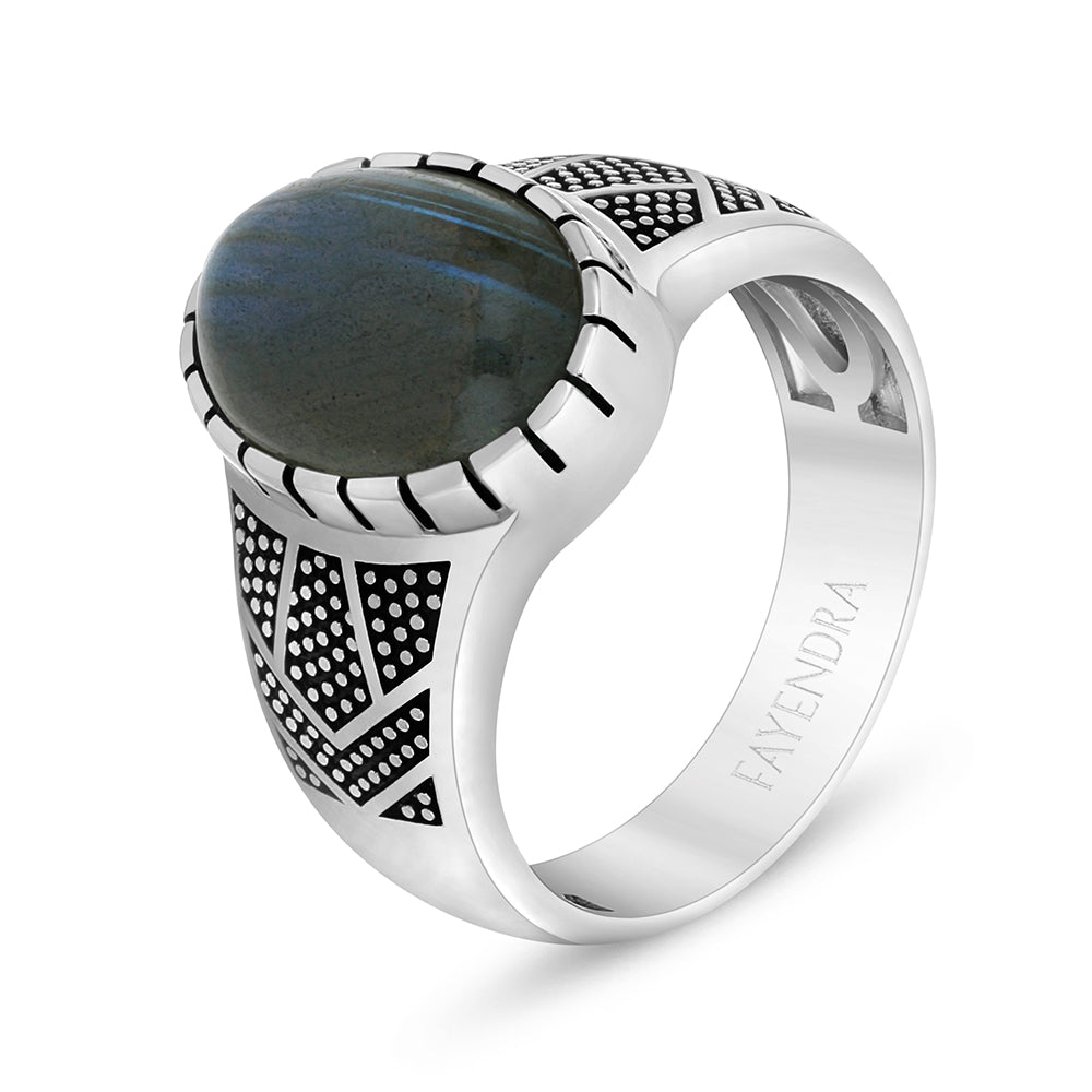 Sterling Silver 925 Ring Rhodium And Black Plated Embedded With Cabochon Labradorite For Men