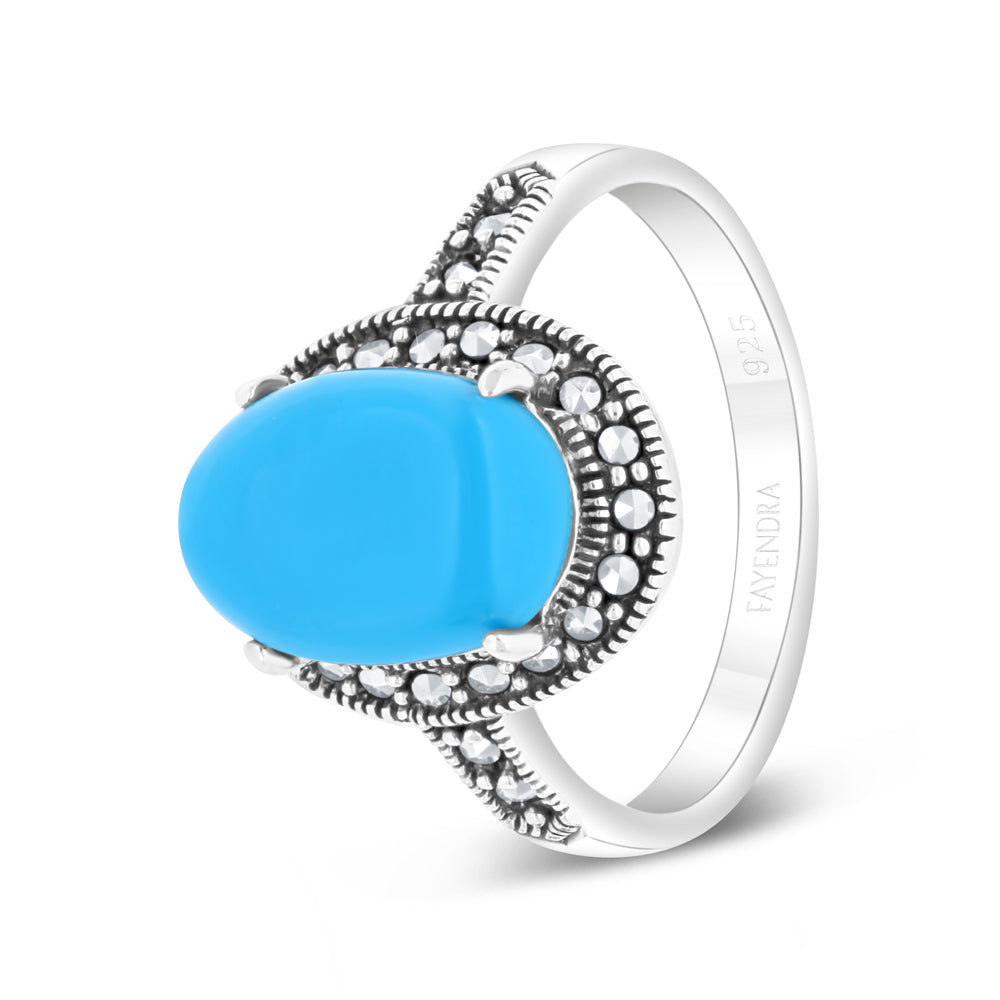 Sterling Silver 925 Ring Embedded With Natural Processed Turquoise And Marcasite Stones