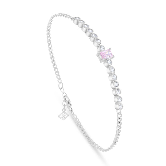 Sterling Silver 925 Bracelet Rhodium Plated Embedded With Pink Zircon And White Zircon