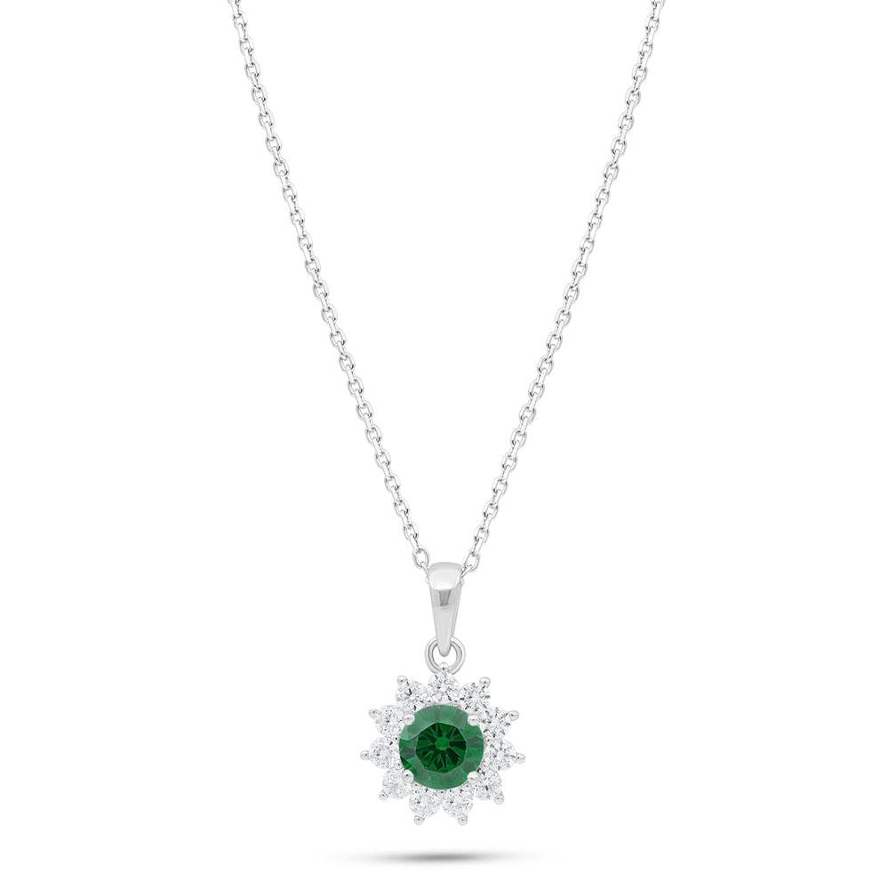 Sterling Silver 925 Necklace Rhodium Plated Embedded With Emerald Zircon And White Zircon
