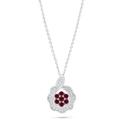Sterling Silver 925 Necklace Rhodium Plated Embedded With Ruby Corundum And White Zircon
