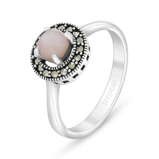 Sterling Silver 925 Ring Embedded With Natural Pink Shell And Marcasite Stones