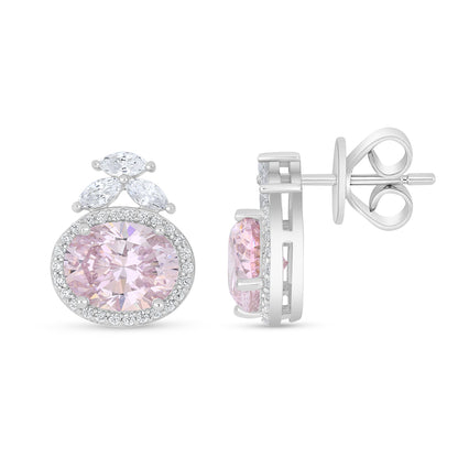 Sterling Silver 925 Earring Rhodium Plated Embedded With pink Zircon And White Zircon