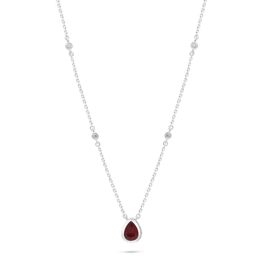 Sterling Silver 925 Necklace Rhodium Plated Embedded With Ruby Corundum And White Zircon