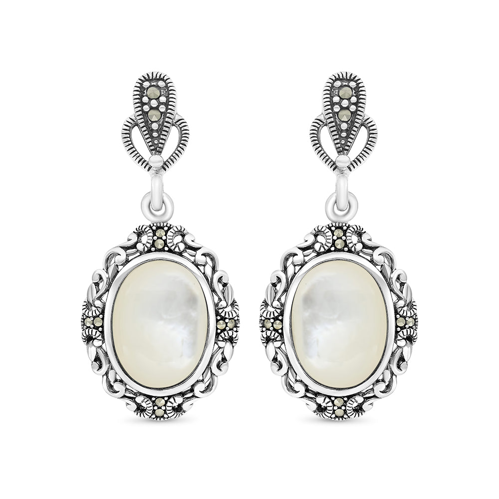 Sterling Silver 925 Earring Embedded With Natural White Shell And Marcasite Stones
