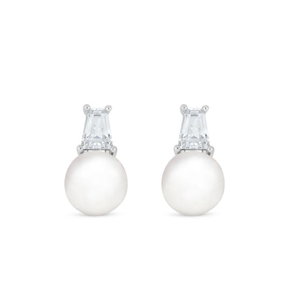 Sterling Silver 925 Earring Rhodium Plated Embedded With Natural White Pearl And White Zircon