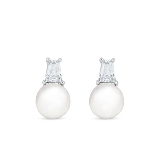 Sterling Silver 925 Earring Rhodium Plated Embedded With Natural White Pearl And White Zircon