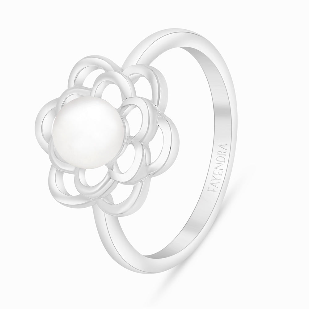Sterling Silver 925 Ring Rhodium Plated Embedded With Natural White Pearl