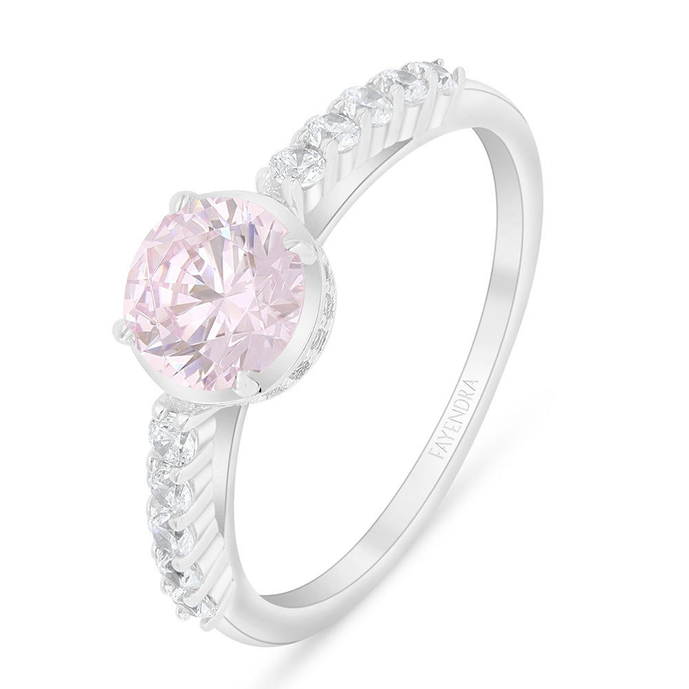 Sterling Silver 925 Ring Rhodium Plated Embedded With Pink Zircon And White Zircon