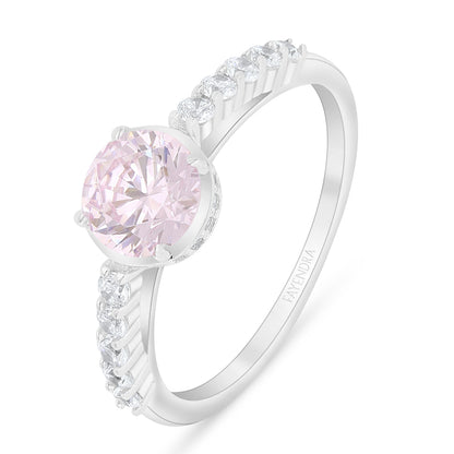 Sterling Silver 925 Ring Rhodium Plated Embedded With Pink Zircon And White Zircon