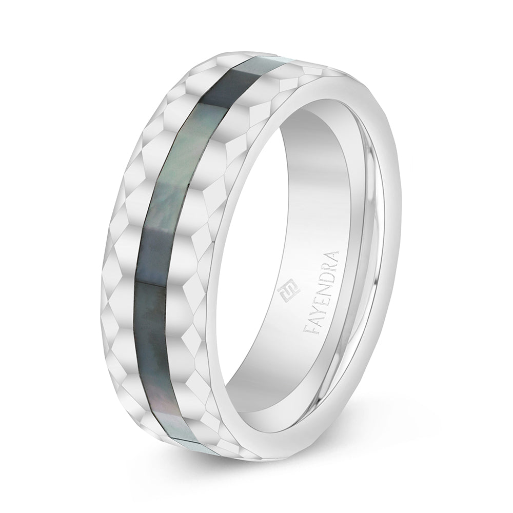 دبلة رجالي مصنوعة من التونغستان كاربيد بلون الستيل و احجار صدف ابيض