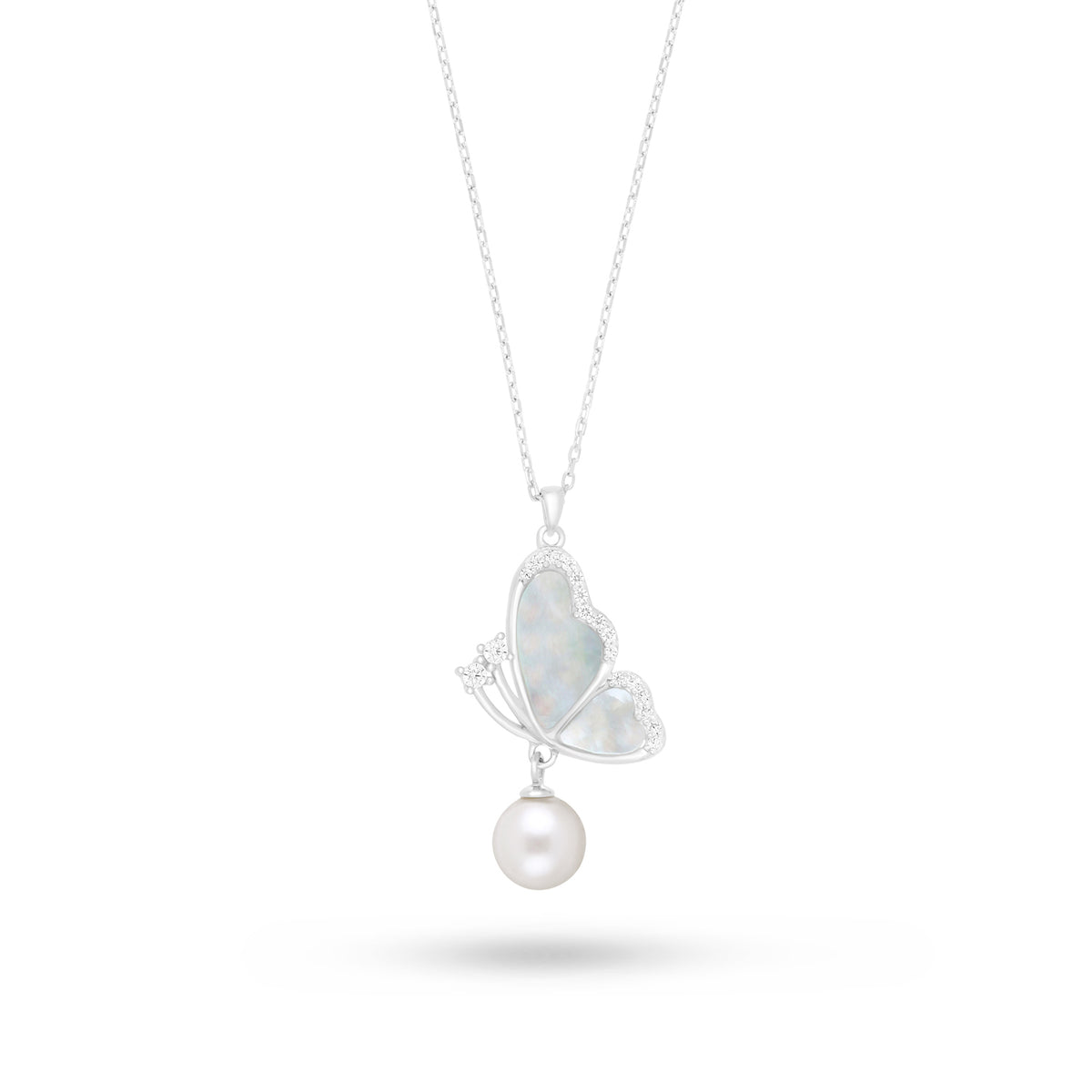 Sterling Silver 925 Necklace Rhodium Plated Embedded With Natural White Pearl, White Shell And White Zircon