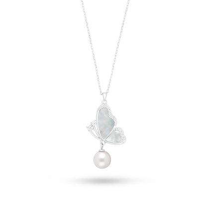 Sterling Silver 925 Necklace Rhodium Plated Embedded With Natural White Pearl, White Shell And White Zircon