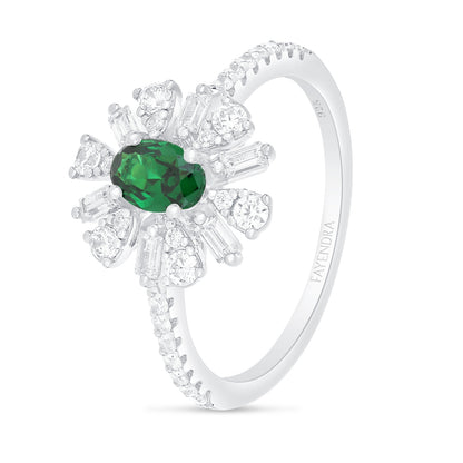 Sterling Silver 925 Ring Rhodium Plated Embedded With Emerald Zircon And White Zircon