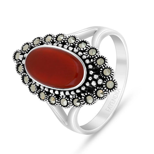 Sterling Silver 925 Ring Embedded With Natural Aqiq And Marcasite Stones