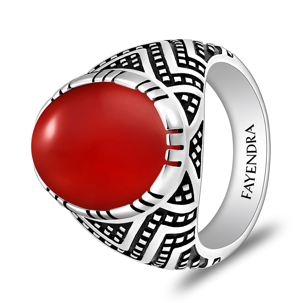 خاتم رجالي من الفضة الخالصة عيار 925 مطلي روديوم و اسود مرصع احجار عقيق احمر كابشون