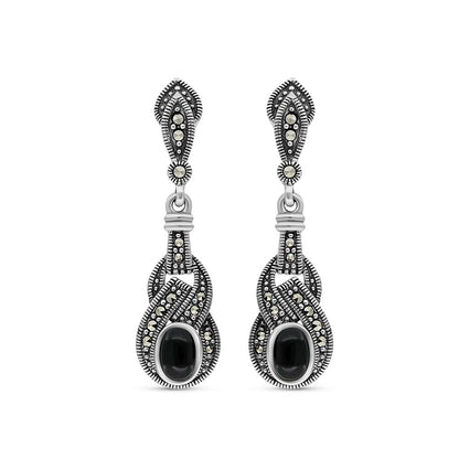 Sterling Silver 925 Earring Embedded With Natural Black Agate And Marcasite Stones