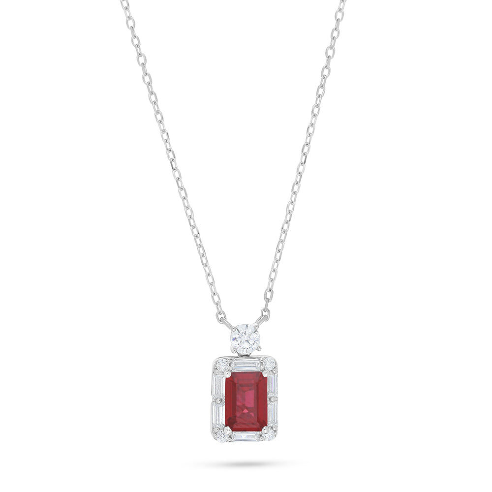 Sterling Silver 925 Necklace Rhodium Plated Embedded With Ruby Corundum And White Zircon