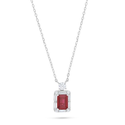 Sterling Silver 925 Necklace Rhodium Plated Embedded With Ruby Corundum And White Zircon