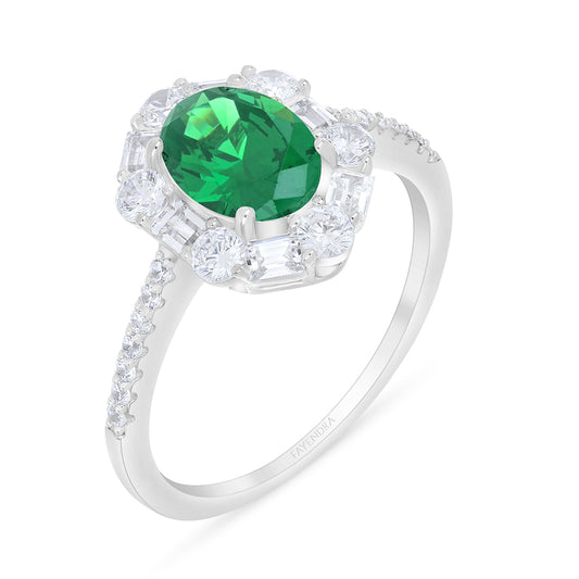 Sterling Silver 925 Ring Rhodium Plated Embedded With Emerald Zircon And White Zircon