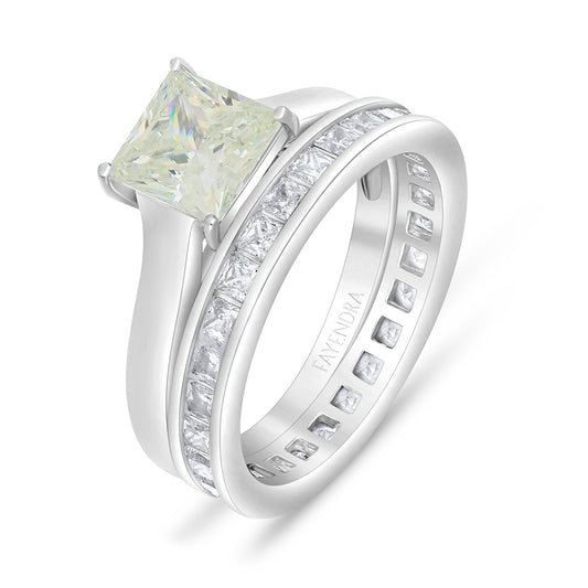 خاتم توينز من الفضة الخالصة عيار 925 مطلي روديوم مرصع بالزركون الكناري الالماسي و فص ابيض