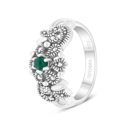 Sterling Silver 925 Set Embedded With Natural Green Agate And Marcasite Stones