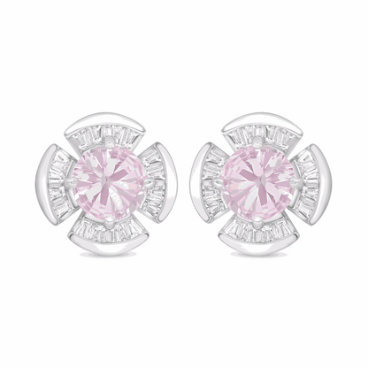 Sterling Silver 925 Earring Rhodium Plated Embedded With Pink Zircon And White Zircon