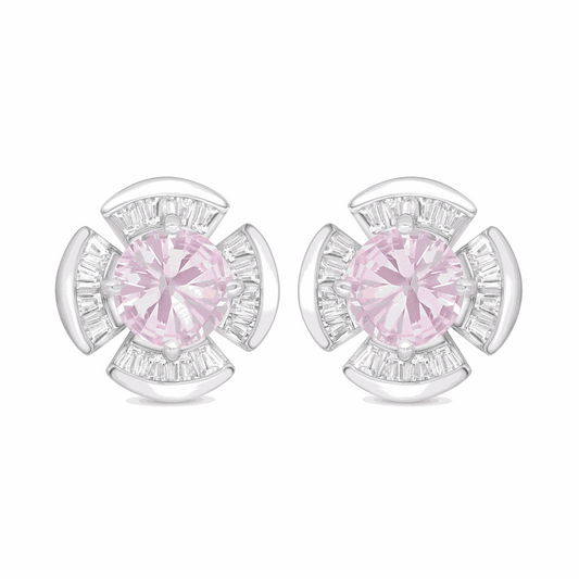 Sterling Silver 925 Earring Rhodium Plated Embedded With Pink Zircon And White Zircon