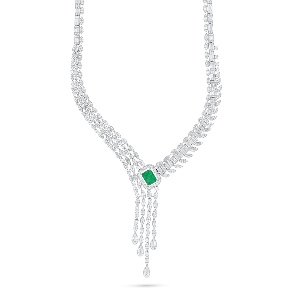 Sterling Silver 925 Set Rhodium Plated Embedded With Emerald Zircon And White Zircon