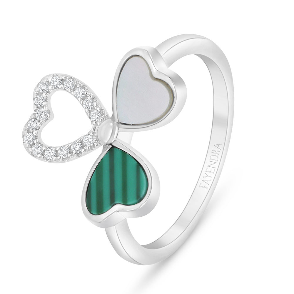 Sterling Silver 925 Ring Rhodium Plated Embedded With  White Shell And Malachite And White Zircon