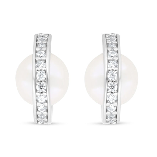 Sterling Silver 925 Earring Rhodium Plated Embedded With Fresh Water Pearl And White Zircon