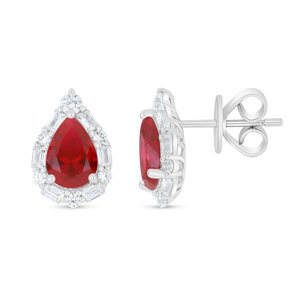 Sterling Silver 925 Earring Rhodium Plated Embedded With Ruby Corundum And White Zircon