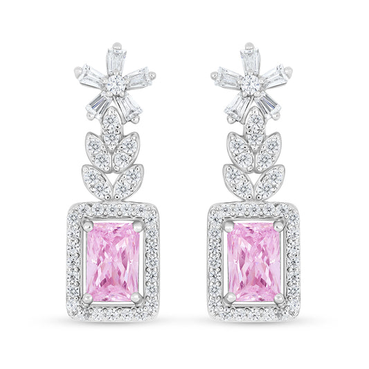 Sterling Silver 925 Earring Rhodium Plated Embedded With Pink Zircon And White Zircon