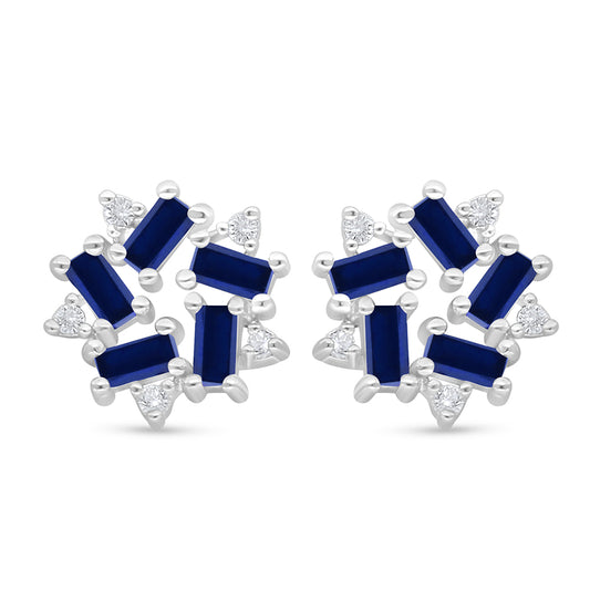 Sterling Silver 925 Earring Rhodium Plated Embedded With Sapphire Corundum And White Zircon