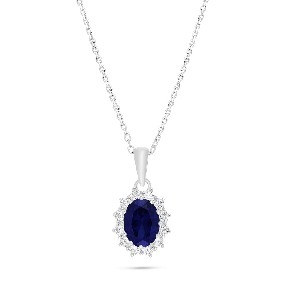 Sterling Silver 925 Necklace Rhodium Plated Embedded With Sapphire Corundum And White Zircon
