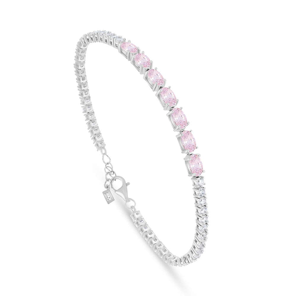 Sterling Silver 925 Bracelet Rhodium Plated Embedded With Pink Zircon And White Zircon