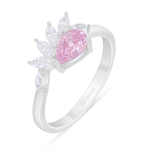 Sterling Silver 925 Ring Rhodium Plated Embedded With Pink Zircon And White Zircon