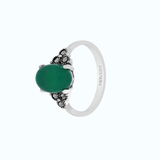 Sterling Silver 925 Ring Embedded With Natural Green Agate And Marcasite Stones